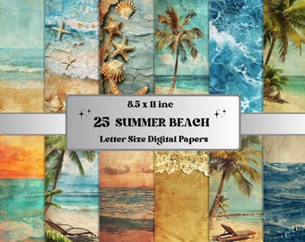 Printable Summer Beach Digital Paper, Coastal Collage, Sea Nautical Pages, Tropical Summer Ocean Junk Journal Kit, Scrapbooking, Card Making
