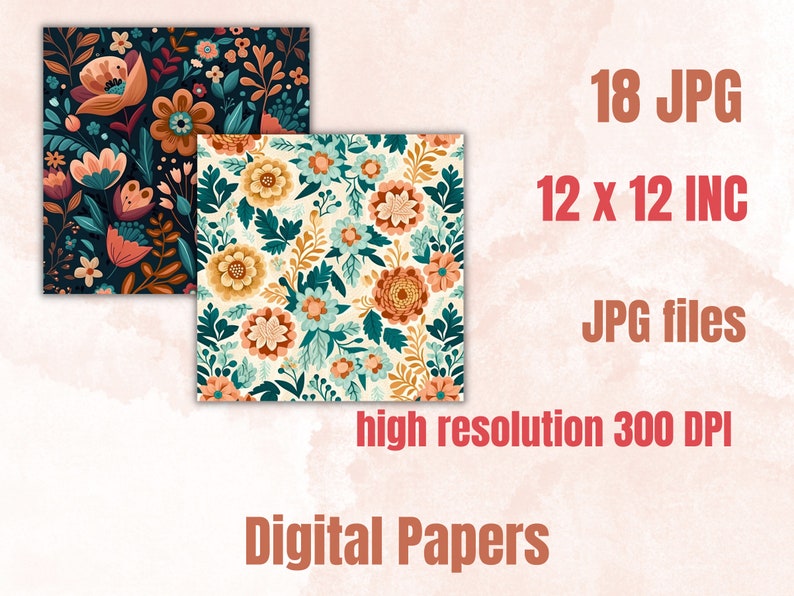 Boho Floral Digital Paper, Boho Flowers paper pack, floral journal and scrapbooking pages, Bohemian Flowers Backgrounds, Floral Card Pack