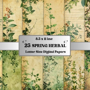 Vintage Frühling Botanisches Junk Journal Digital Kit, druckbares Kräuter Papier, Vintage Pflanzen Ephemera, Natur Grün Scrapbook Seiten