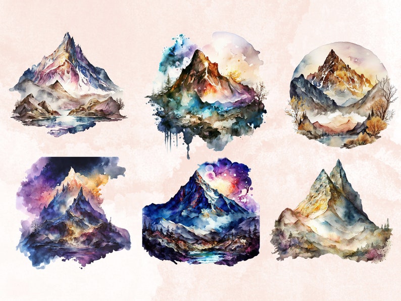 20 PNG Watercolor Fantasy Mountains Clipart, Magical Mountains Clip art, mountains landscape png, Landscape clipart, Mountains Scenes png