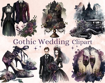 36 PNG Watercolour Gothic Wedding Clipart, Dark Fantasy Wedding Clip art, Dreamy Wedding Day png bundle, gothic illustration commercial use