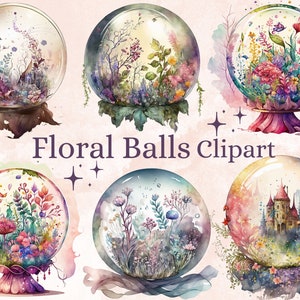 16 PNG aquarelle Floral boule de cristal Clipart, boule de cristal Clip art Bundle, art mystique magique, Fantasy clipart, sorcellerie Bundle PNG