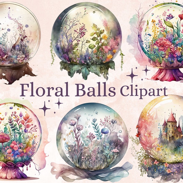 16 PNG aquarelle Floral boule de cristal Clipart, boule de cristal Clip art Bundle, art mystique magique, Fantasy clipart, sorcellerie Bundle PNG