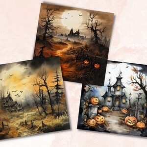 Printable Halloween Landscape Digital Paper, Watercolor Halloween ...