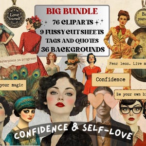Confidence & Self-Love Collage Elements, Whimsical Ephemera Fussy Cut, Inspirational Tags and Quotes, Feelings Scrapbook, Surreal Background