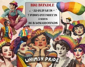 May include: A digital art collage with a whimsical theme. The image features illustrations of people in colorful outfits, rainbow-themed accessories, and text that reads "BIG BUNDLE" and "WHIMSY PRIDE".