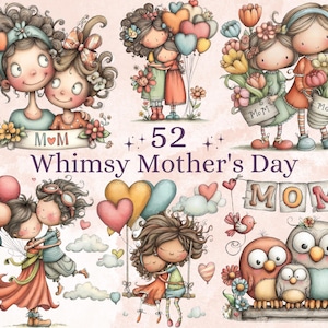 May include: A collection of whimsical Mother's Day illustrations. The images feature cartoon-style figures of mothers and children, embracing and holding flowers and balloons. The color palette includes soft pastels, with the word "MOM" prominently displayed.