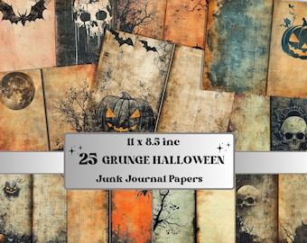 May include: A collection of 25 grunge Halloween junk journal papers, each 11 x 8.5 inches. The papers feature vintage designs with pumpkins, bats, skulls, and trees in shades of orange, brown, and black, perfect for crafting.