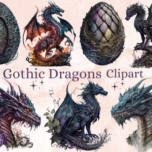 22 PNG Watercolour Gothic Dragons Clipart, Dark Fantasy Black Dragon Clip Art, Dragon png bundle, for Scrapbook, Junk Journal, Paper Crafts