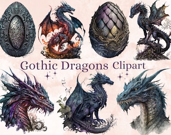 22 PNG Watercolour Gothic Dragons Clipart, Dark Fantasy Black Dragon Clip Art, Dragon png bundle, for Scrapbook, Junk Journal, Paper Crafts