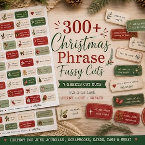 May include: A collection of 300+ Christmas phrase fussy cuts on 7 sheets measuring 21.59 x 27.94 cm. The paper cutouts feature red, green, and cream rectangular labels with holiday text and illustrations like trees, stars, and gifts for crafting.