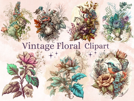 21 PNG Watercolour Vintage Floral Clipart, Vintage Flowers png bundle, Vintage Botanical Illustrations, Vintage Floral png Clip Art pack
