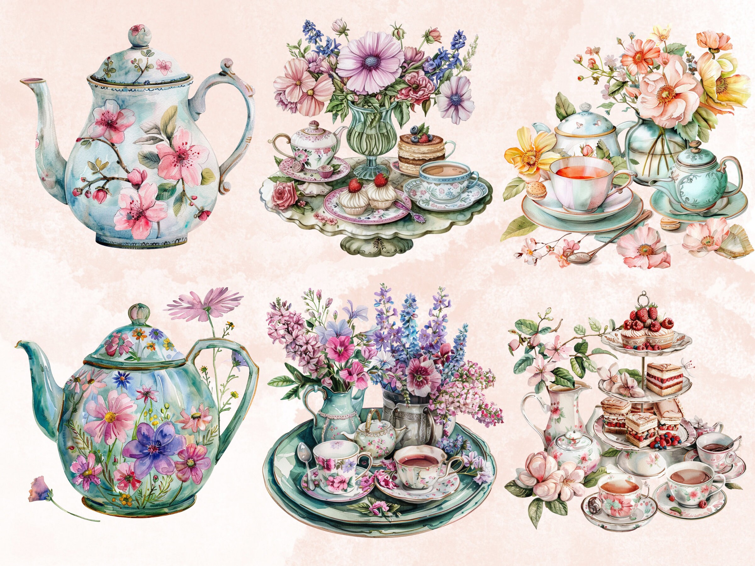 45 PNG Watercolor Spring Tea Time Clipart, Floral Spring Tea Party ...