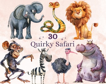 30 PNG Watercolor Quirky Safari Animals Clipart, Whimsical Jungle Illustrations Clip art, Funny Wild Animal Emotions png, Quirky Sublimation