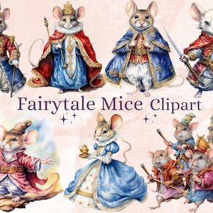 38 PNG Aquarell Märchen Mäuse Clipart Bundle, Märchen Tiere Clip Art, Vintage Märchen Prinzessin Maus PNG, Fantasy Maus Clip art
