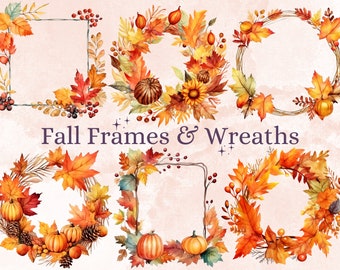 30 PNG Watercolor Fall Wreath Clipart, Floral Autumn Frames Illustrations Clip art, Fall Border png, Autumn Pumpkin Foliage Sublimation