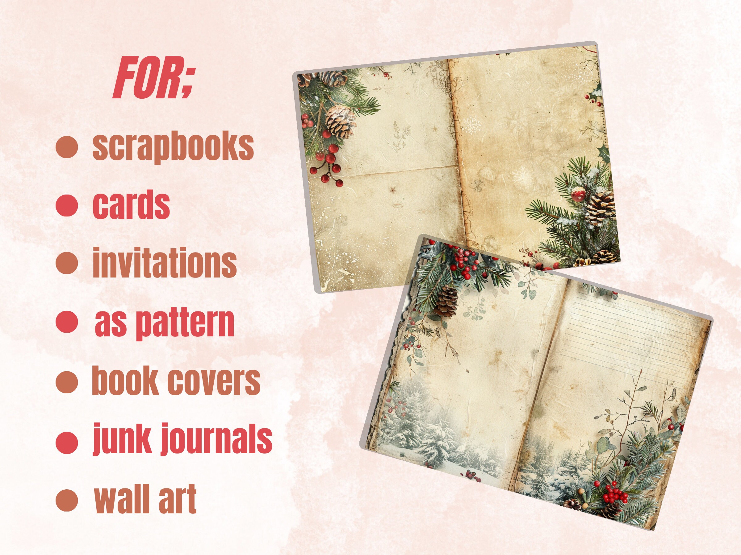 Christmas Blank and Lined Junk Journal Paper, Double Pages Ephemera Kit ...