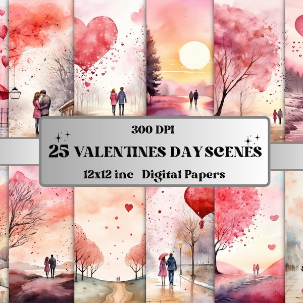 Papier numérique imprimable aquarelle scènes de la Saint-Valentin, éphémères romantiques de la Saint-Valentin, pages de journal indésirable pour couple, scrapbooking, fabrication de cartes