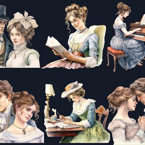 44 PNG Watercolor Sense and Sensibility Clipart, Jane Austen png, Fairytale Clipart, Regency Era Clipart PNG, Jane Austen Character Bundle image 8