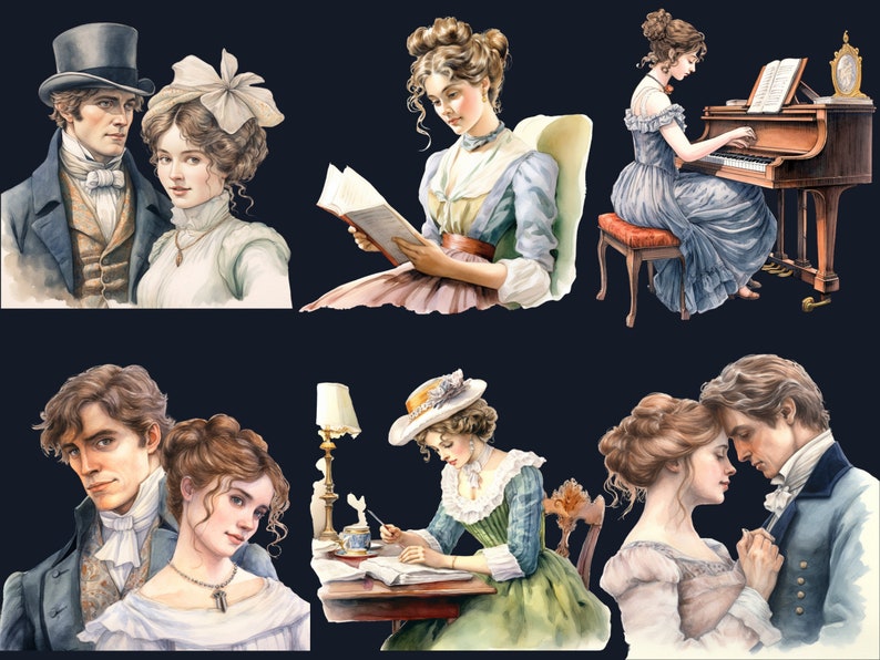 44 PNG Watercolor Sense and Sensibility Clipart, Jane Austen png, Fairytale Clipart, Regency Era Clipart PNG, Jane Austen Character Bundle image 8