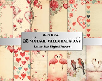 Afdrukbaar vintage Valentijnsdag digitaal papier, romantische Valentijnsephemera, bloemenhartenpagina's, ongewenste dagboek, scrapbooking, kaart maken