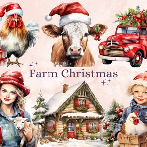 45 PNG Watercolour Farm Christmas Clipart, Christmas Cottage Farm Life Illustrations Clip art, Winter Holiday png, Xmas Noel Barn Ornaments