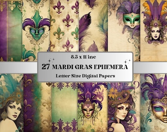 Printable Mardi Gras Digital Paper, Mardi Gras Shrove Ephemera, Fat Tuesday Pages, Masquerade Junk Journal Kit, Scrapbooking, Card Making