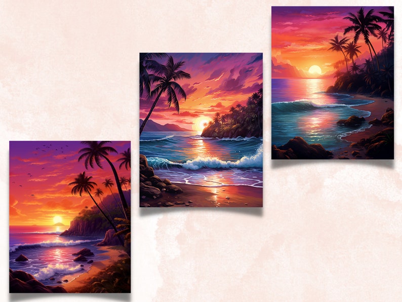 May include: Three art prints showcase a tropical beach sunset. Palm trees are silhouetted against a sky of orange, pink, and purple. Waves roll onto the shore, reflecting the sunset's colours. The artwork creates a sense of peace and serenity.