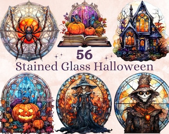56 PNG Watercolor Stained Glass Halloween Bundle Clipart, Happy Halloween Illustrations Clip art, Witchcraft png, Stained Glass Sublimation
