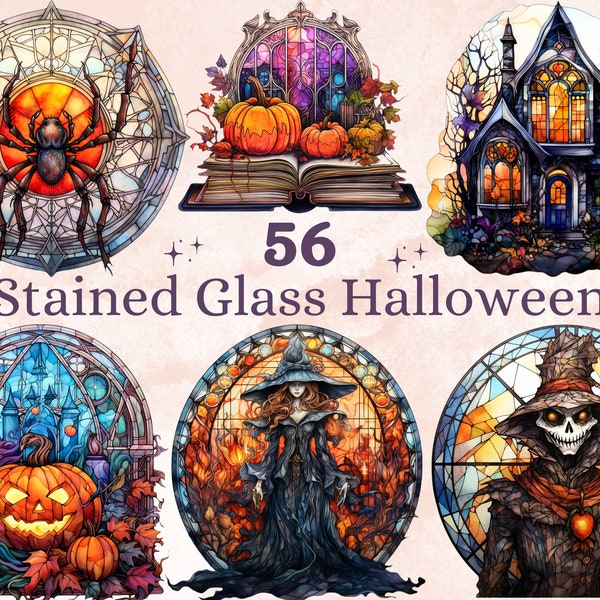 56 PNG Watercolor Stained Glass Halloween Bundle Clipart, Happy Halloween Illustrations Clip art, Witchcraft png, Stained Glass Sublimation