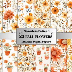 Seamless Watercolor Fall Flowers Digital Paper Pack, Autumn Leaves Seamless Pattern, Fall Floral Autumn Background, Fantasy Scrapbook Papers