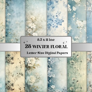 Papel digital floral de invierno vintage imprimible, efímera de invierno nevada, páginas de flores descoloridas, descargar diario basura, scrapbooking, fabricación de tarjetas