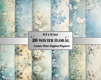 Printable Vintage Winter Floral Digital Paper, Snowy Winter Ephemera, Faded Flowers Pages, Download Junk Journal, Scrapbooking, Card Making
