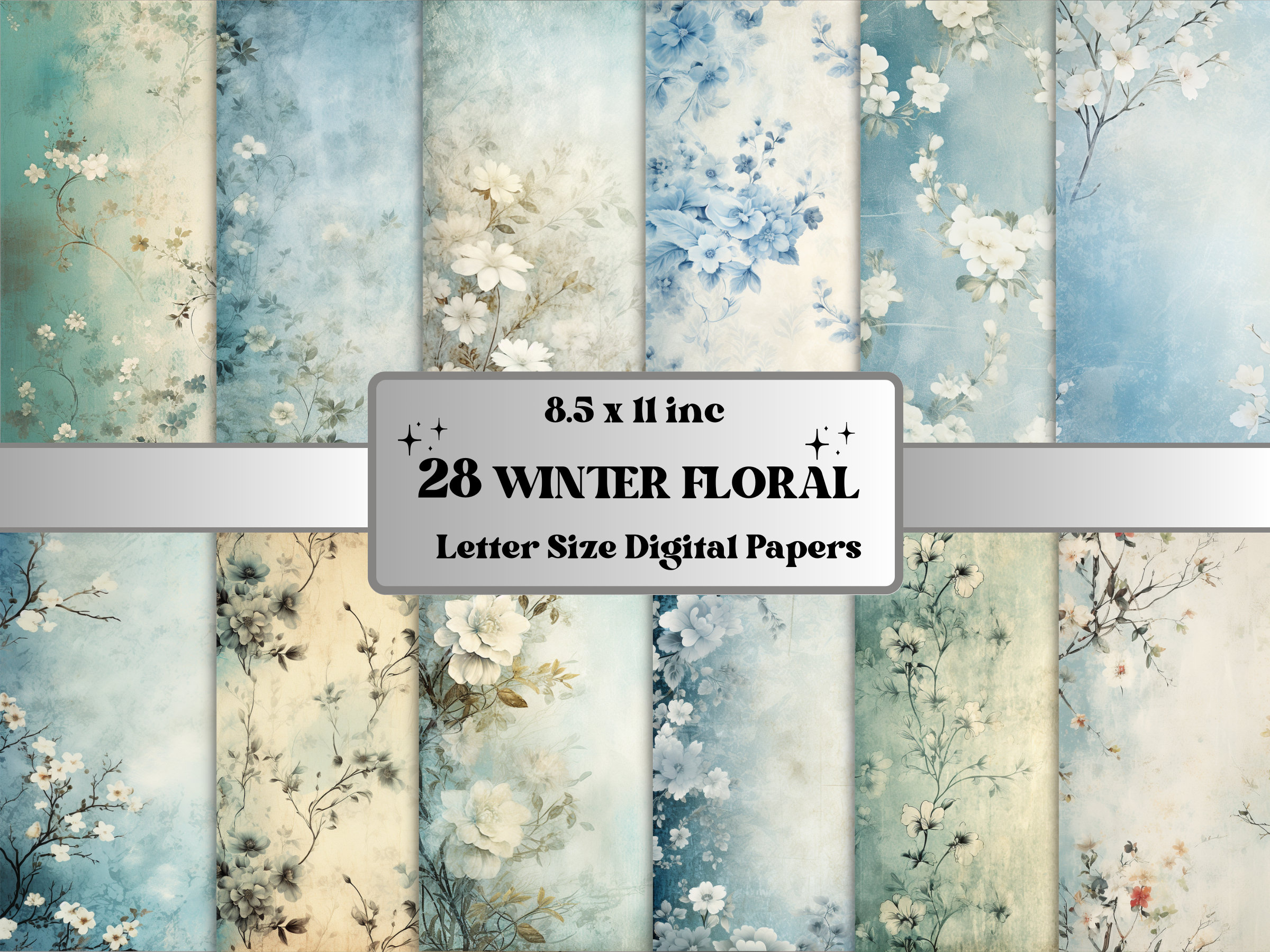 Printable Vintage Winter Floral Digital Paper, Snowy Winter