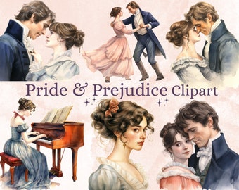 May include: A set of digital illustrations featuring characters from the novel Pride and Prejudice. The illustrations are in a watercolour style and depict scenes of romance and courtship. The illustrations include a couple dancing, a woman playing the piano, and a couple embracing.
