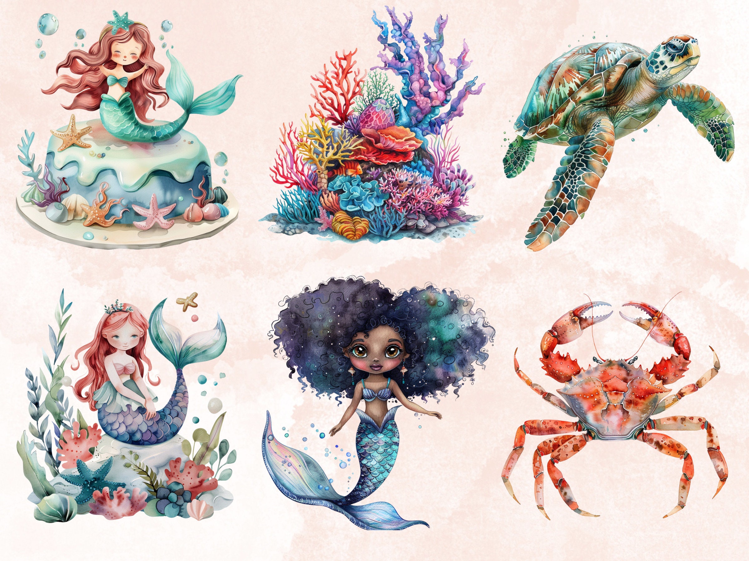 80 PNG Watercolor Mermaid Nursery Clipart, Little Mermaid Baby Shower ...