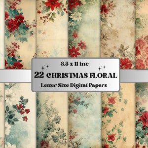 Printable vintage Christmas Floral Digital Paper, Christmas Ephemera, Faned Flowers Pages, Download Junk Journal, Scrapbooking, Card Making