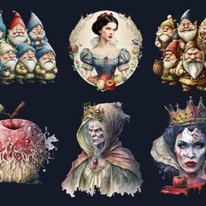 40 PNG Watercolour Snow White Clipart, Snow White Princess Seven Dwarves Png, Fantasy Fairytale Clipart, Evil Queen, Vintage Fairy Tale Set
