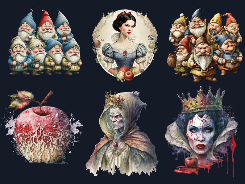 40 PNG Watercolour Snow White Clipart, Snow White Princess Seven Dwarves Png, Fantasy Fairytale Clipart, Evil Queen, Vintage Fairy Tale Set