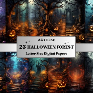 Afdrukbare Halloween Gothic Forest digitaal papier, spookhuis achtergrond, donkere fantasie landschap achtergrond, download dagboek, scrapbooking