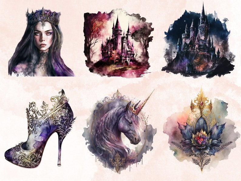 26 PNG Watercolor Gothic Princess Clipart, Princess Clip Art Watercolour Bundle, Gothic Clip art png, Dark Fairytale Fantasy PNG Bundle