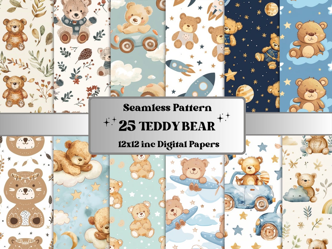 Pattern Paper Baby Seamless Teddy Bear Pattern Paper, Baby Bear Nursery Ephemera, Seamless ...