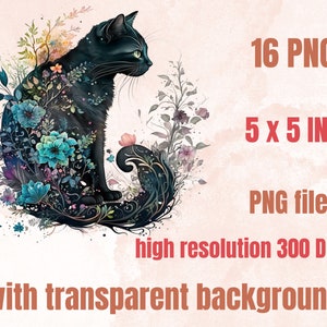 16 PNG Watercolor Fantasy Black Cats Clipart, Black Cat Clip Art, Celestial Black Cat Clipart, Magical clipart, Witchcraft Bundle, pagan png