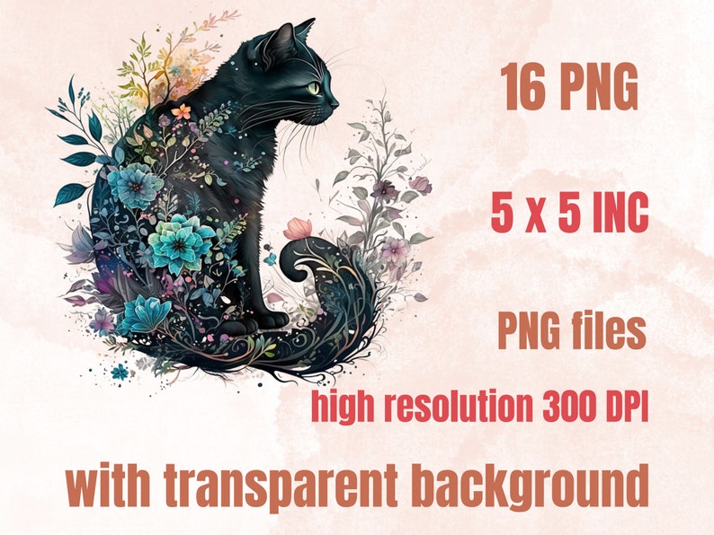 16 PNG Watercolor Fantasy Black Cats Clipart, Black Cat Clip Art, Celestial Black Cat Clipart, Magical clipart, Witchcraft Bundle, pagan png