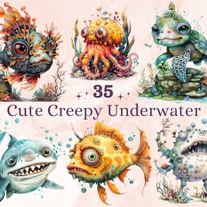 35 PNG Aquarell niedlichen gruselig unter dem Meer Clipart, Fantasy Ocean Clip Art, lustige Meerestier png, Sealife Sublimation, gruselige Unterwasser