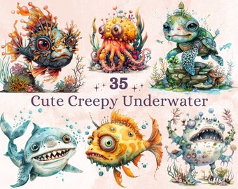 35 PNG aquarel schattig griezelig onder de zee clipart, Fantasy Oceaan illustraties, grappige zeedieren png, Sealife sublimatie, spooky onderwater