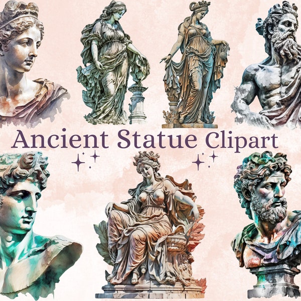 24 PNG Watercolor Ancient Statue Clipart, Antique Statue Illustrations png bundle, Greek Statues Aesthetic clip art, Sculpture Busts set png