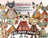 Whimsical Cat Mixed Media Clipart, Whimsy Cats Fussy Cut Collage Sheet, Quirky Cut Out Ephemera, PNG + JPG for Scrapbooking, Junk Journal