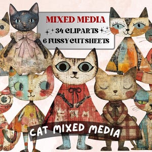 Puede incluir: Una colección de ilustraciones caprichosas de gatos en un estilo de técnica mixta. La imagen presenta varios personajes de gatos con atuendos y expresiones únicas, junto con el texto "MIXED MEDIA" y "CAT MIXED MEDIA".