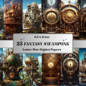 Printable Steampunk Digital Paper, Steampunk Art Background, Fantasy Landscape Backdrop, Download Junk Journal, Scrapbooking, Card Making